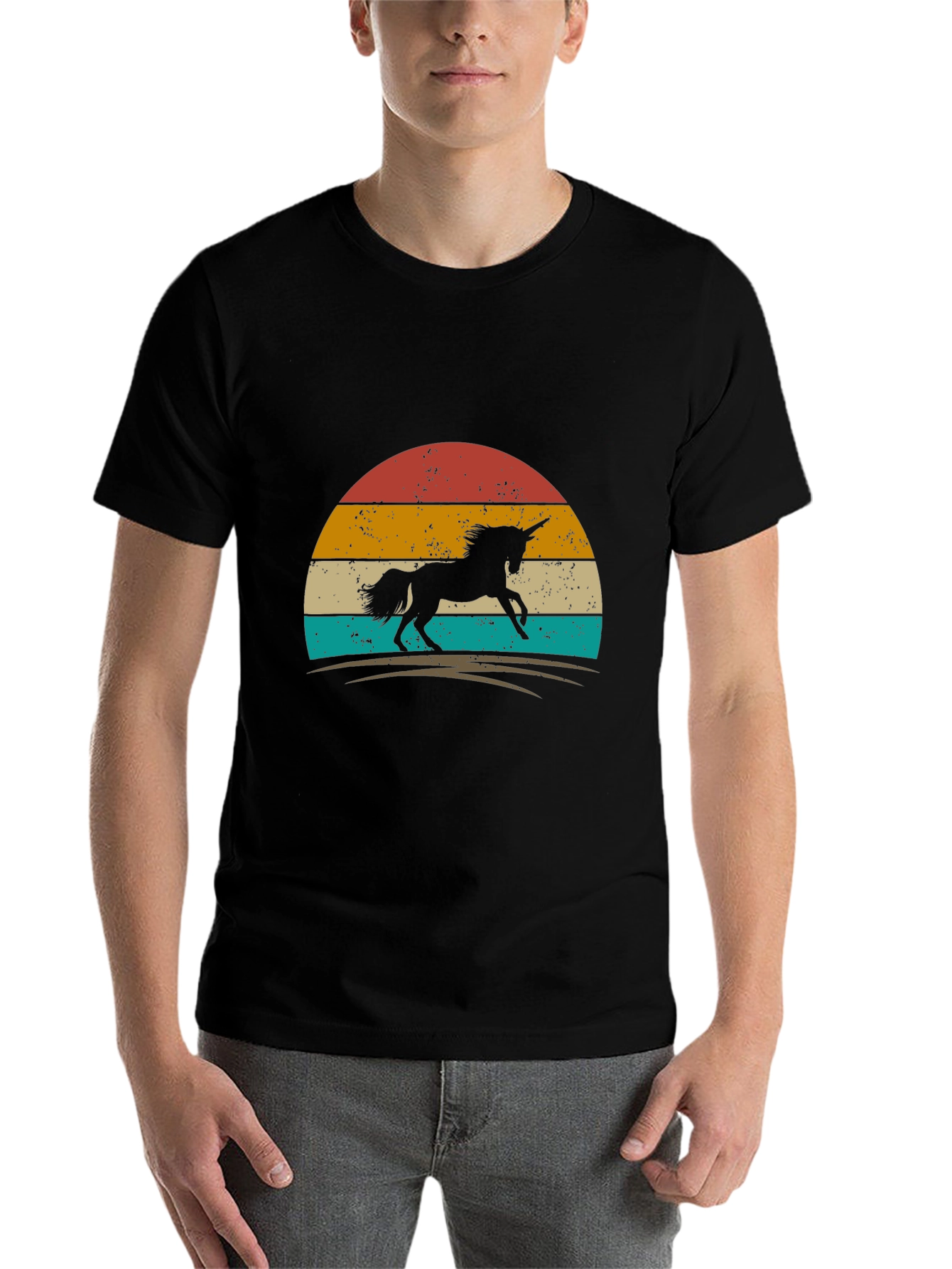 Black Retro Unicorn Graphic Tee - Black Cotton T-Shirt view 7