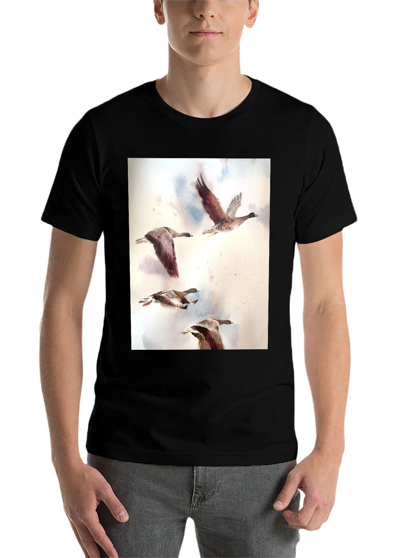 Black Watercolor Ducks Black T-Shirt view 7