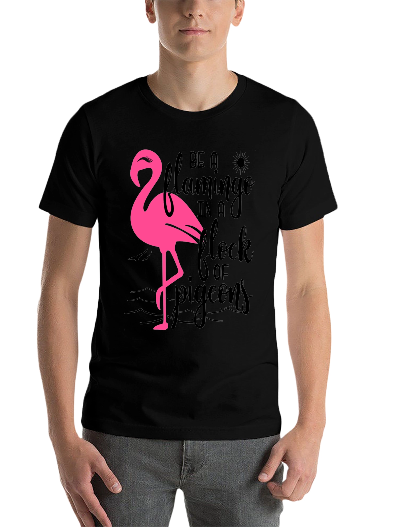 Black Be a Flamingo T-Shirt, Black Cotton Tee view 7