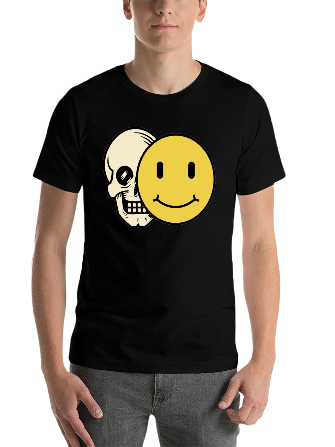 Black Skull Smiley Face Graphic Tee - Black Cotton T-Shirt view 7