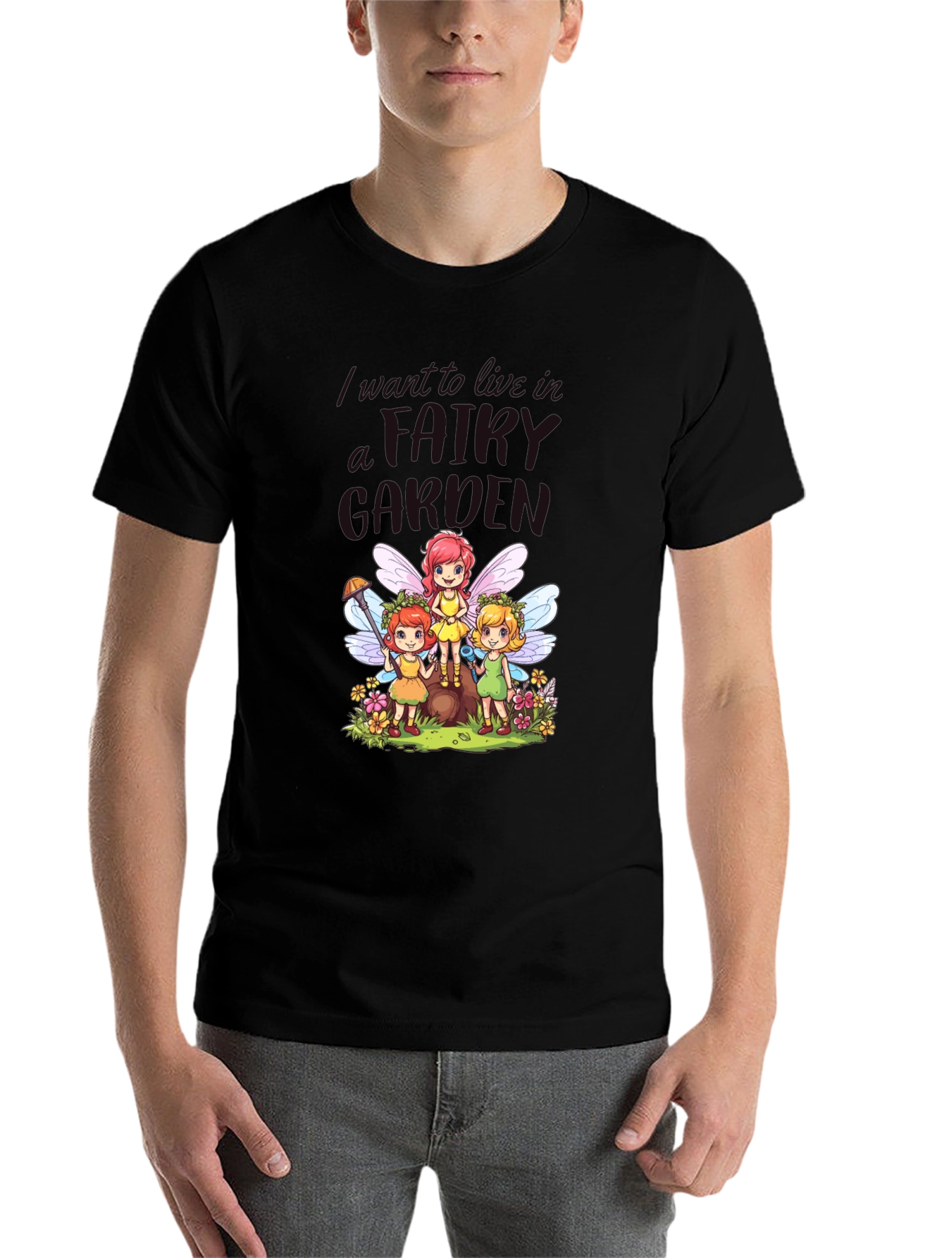 Black Fairy Garden Graphic Tee - Whimsical Fairies view 7
