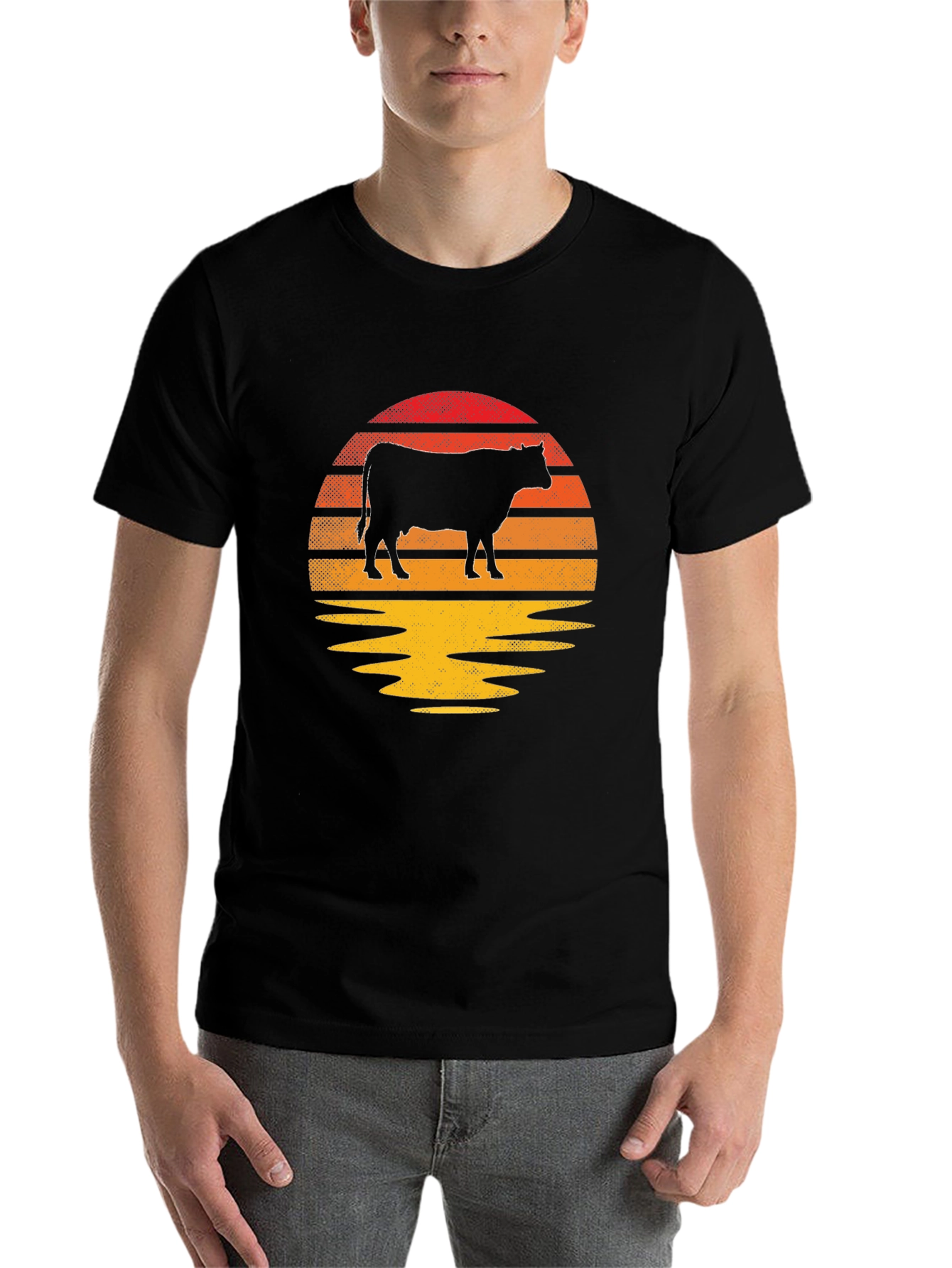 Black Retro Cow Sunset Graphic T-Shirt view 7