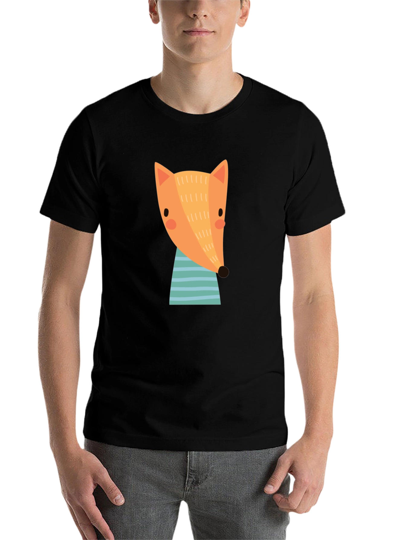Black Cartoon Fox Graphic T-Shirt - Black Crew Neck view 7