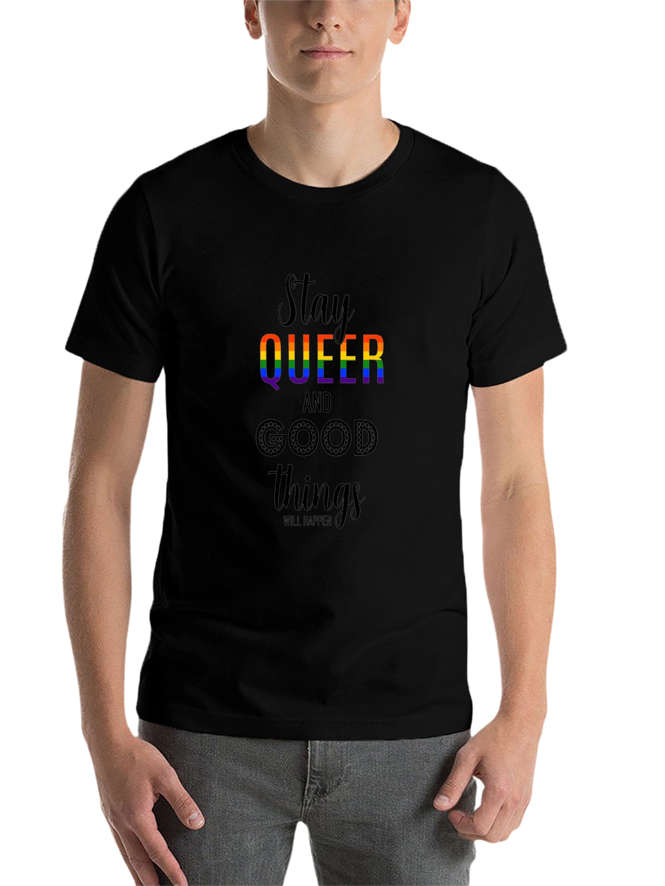 Black Stay Queer Rainbow Graphic T-Shirt view 7