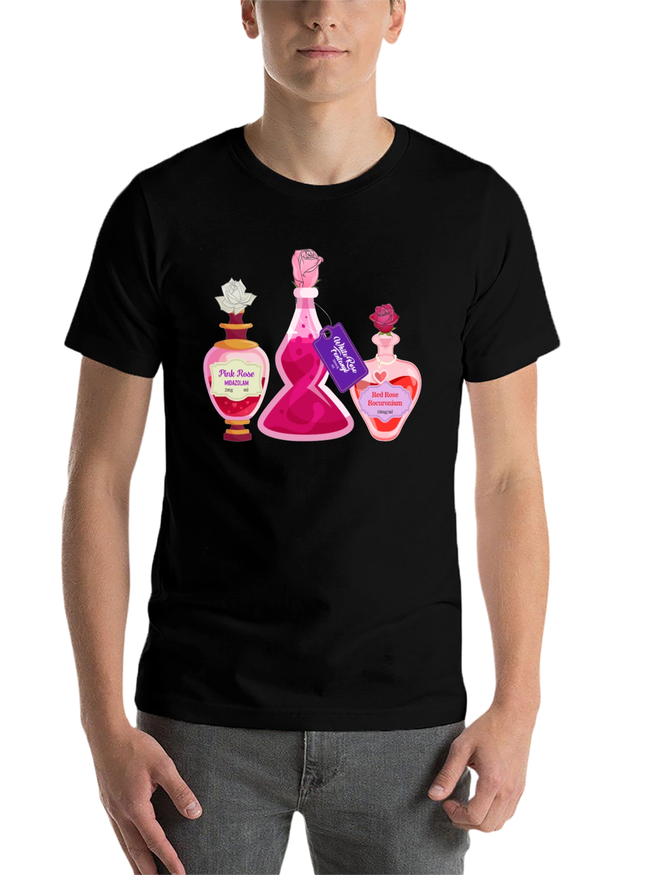 Black Potion Bottle Roses Graphic T-Shirt view 7