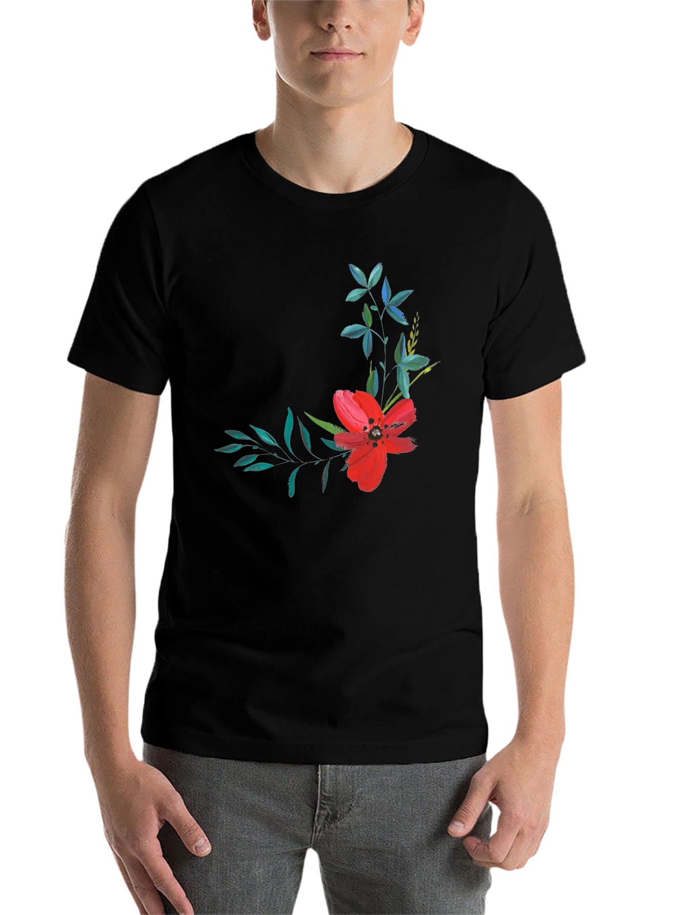 Black Floral Print T-Shirt - Modern Black Tee view 7