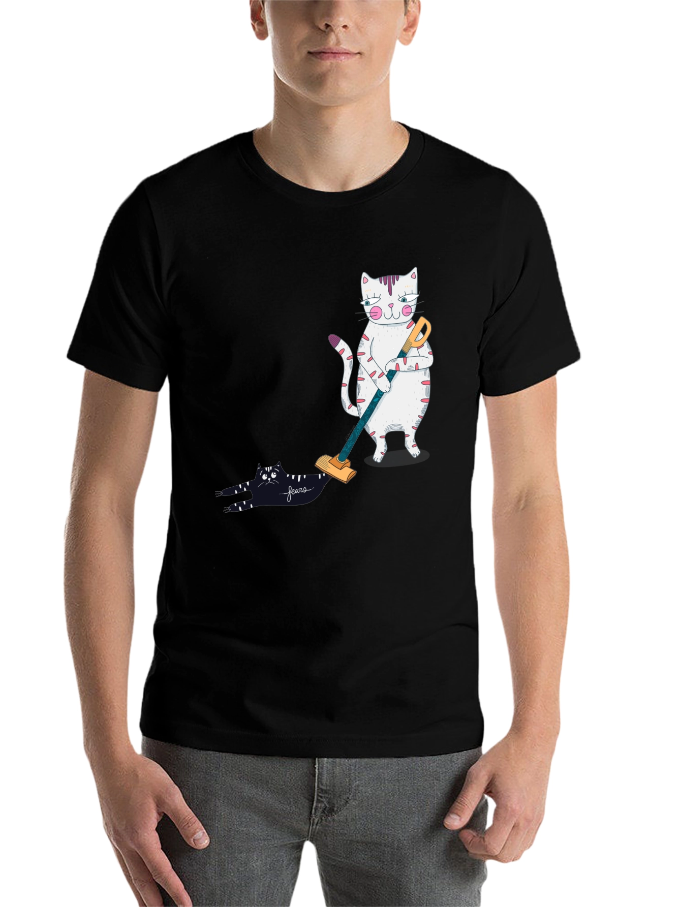 Black Funny Cat Vacuuming T-Shirt view 7