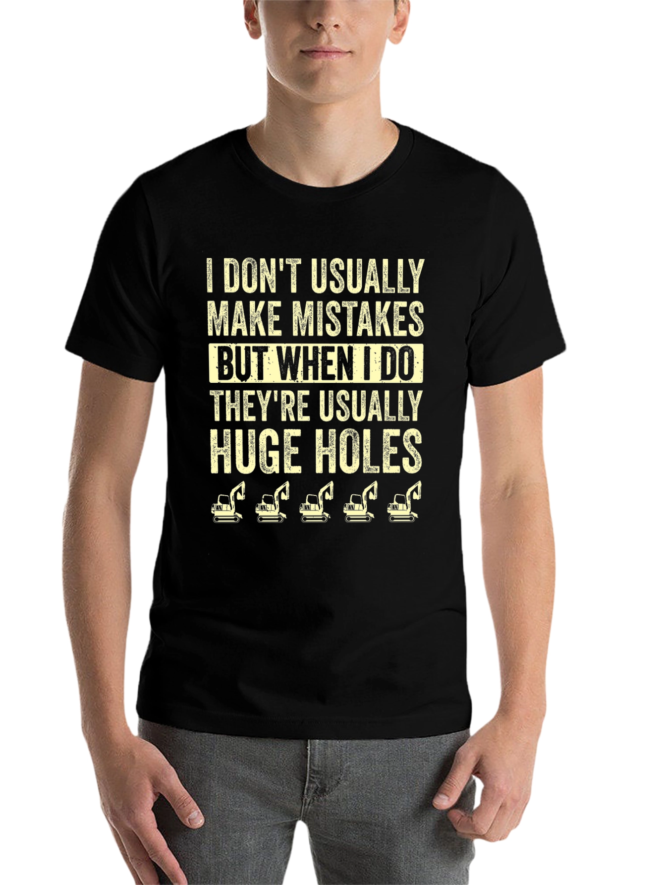 Black Funny "Huge Holes" Excavator Graphic T-Shirt view 7