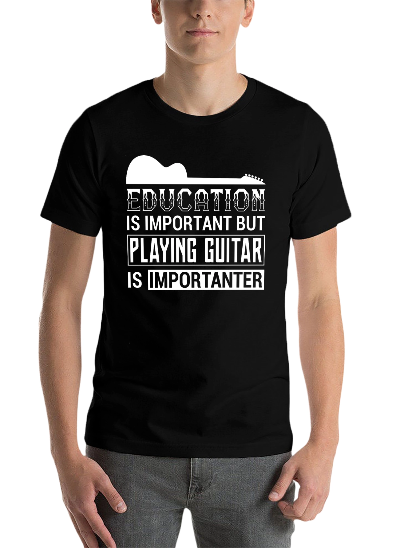 Black Guitar Player T-Shirt - Education vs. Guitar view 7