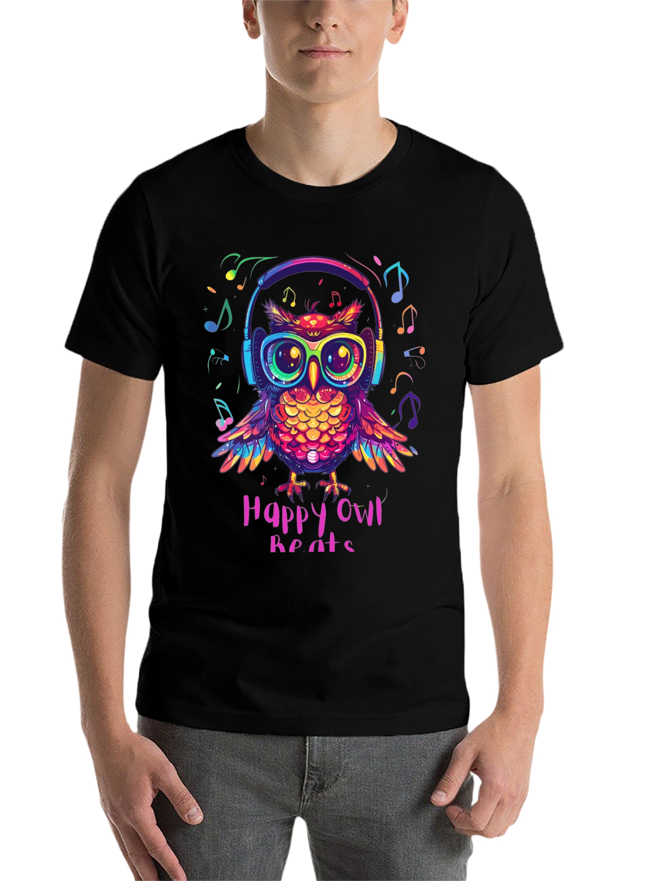 Black Happy Owl Beats T-Shirt - Colorful Music Lover Tee view 7