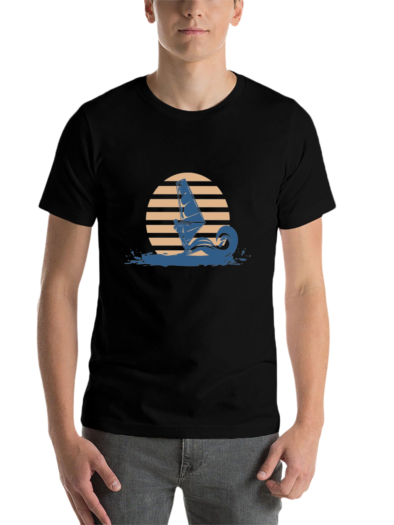 Black Retro Windsurfer Graphic Tee - Black Cotton T-Shirt view 7