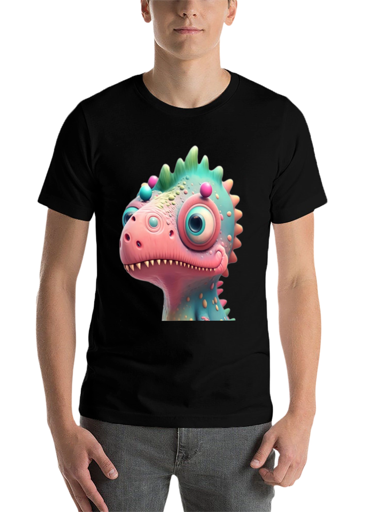 Black Cartoon Dinosaur Graphic Tee - Fun Black T-Shirt view 7