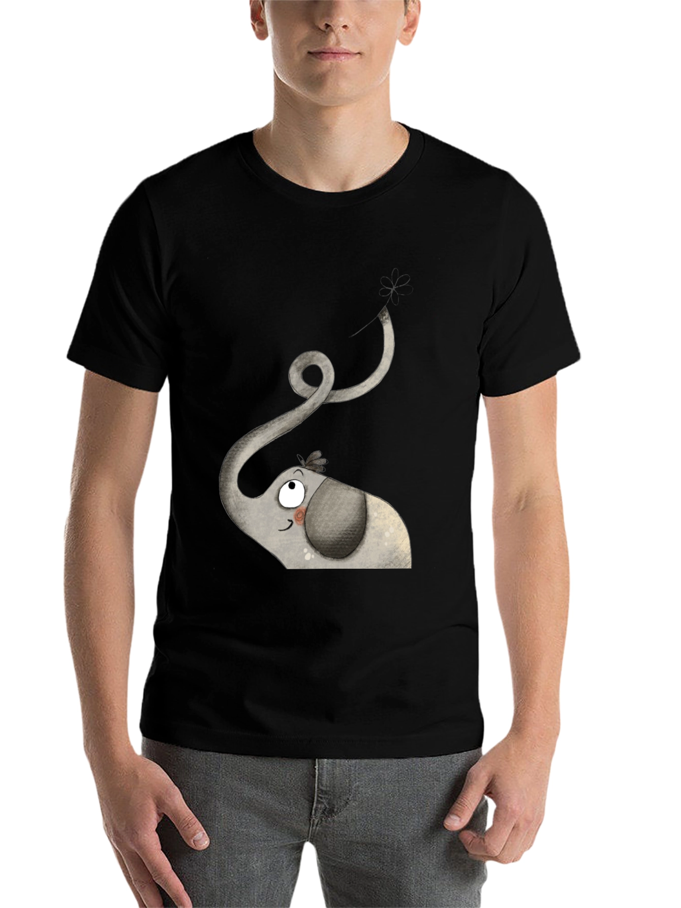 Black Elephant Cartoon Graphic Tee - Black Cotton Shirt view 7