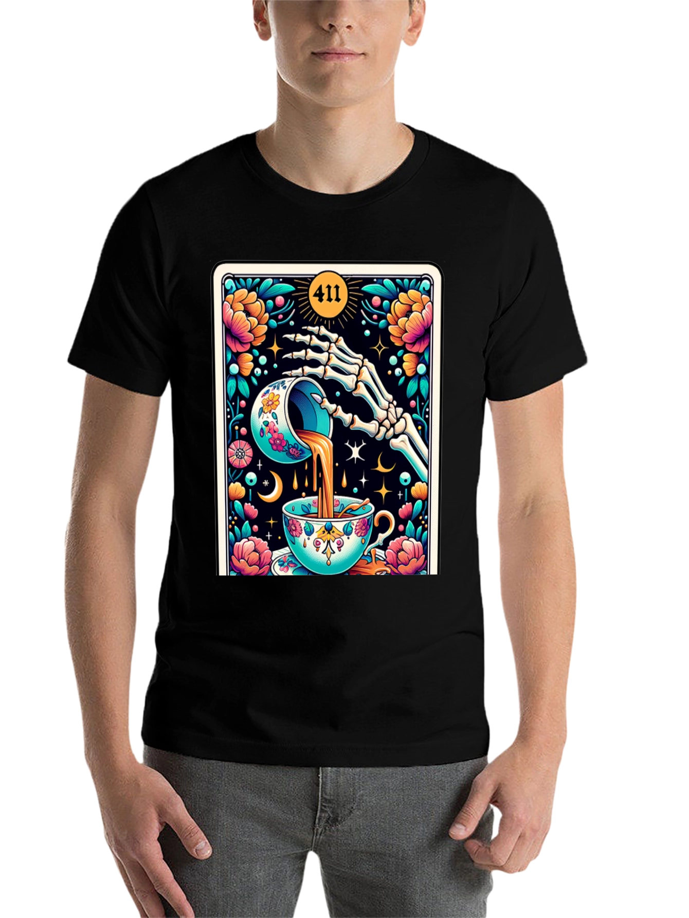 Black Floral Skeleton Tea Cup Tarot Graphic Tee view 7