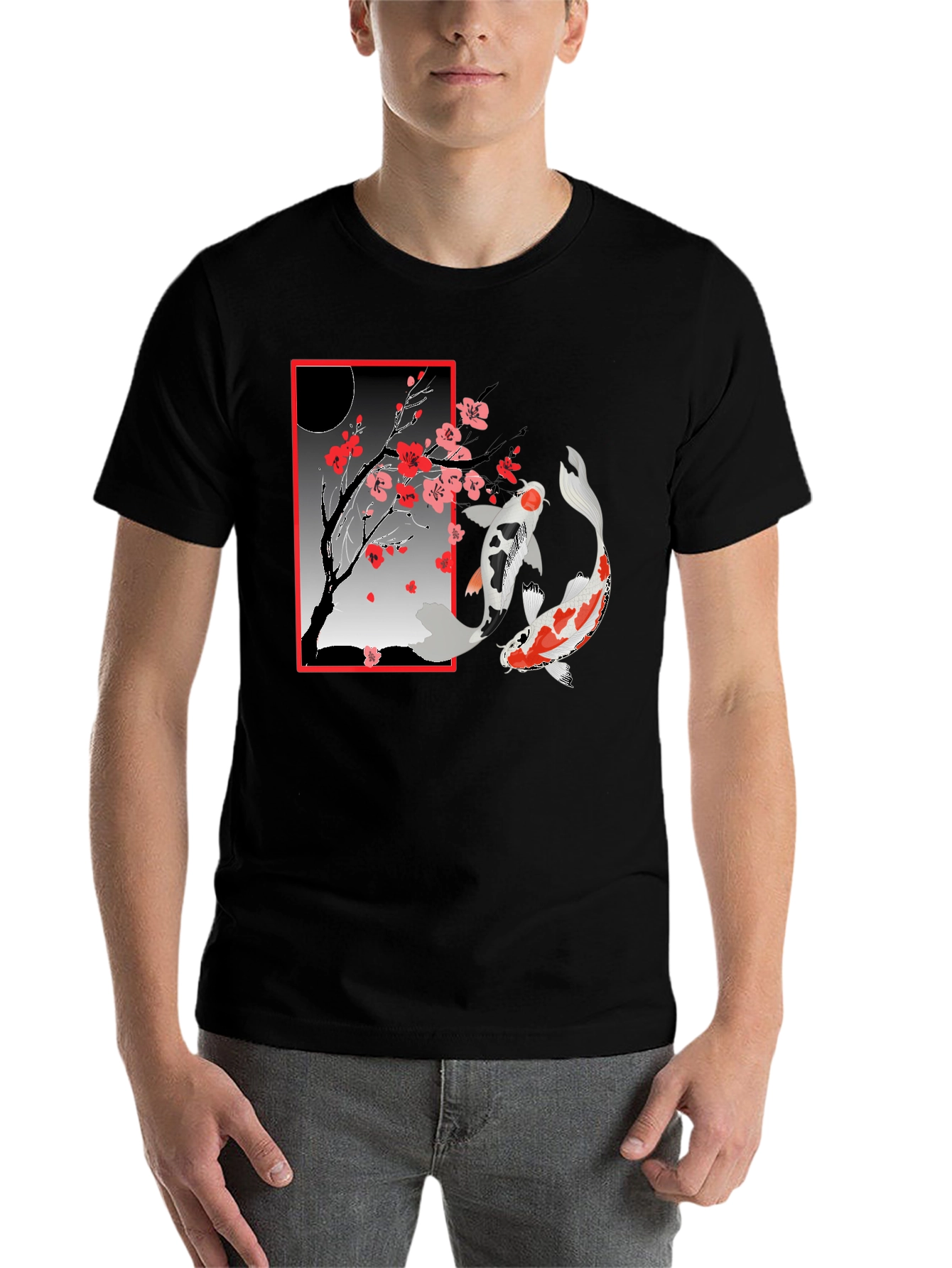 Black Koi Fish Cherry Blossom T-Shirt view 7