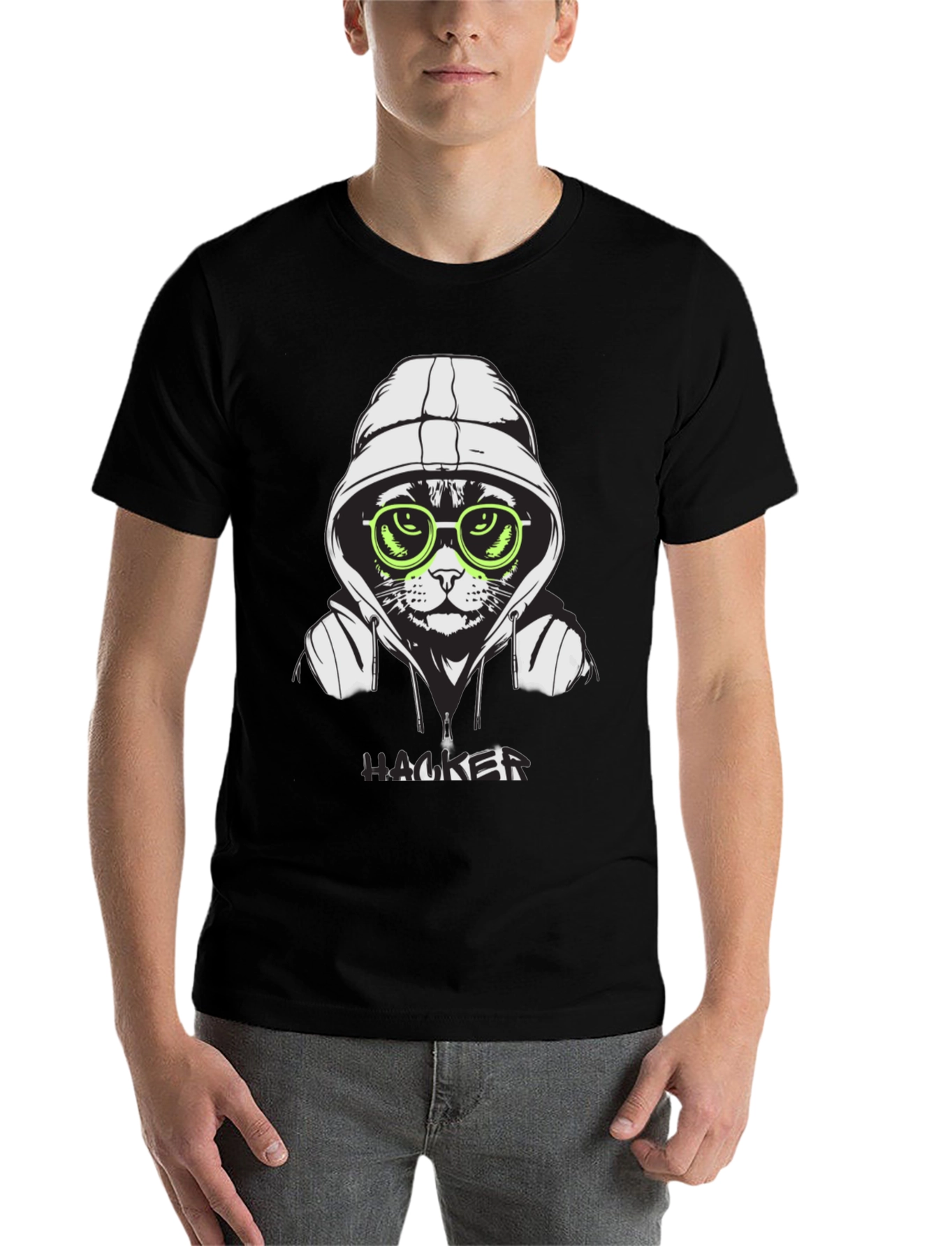 Black Hacker Cat T-Shirt - Cool Graphic Tee view 7