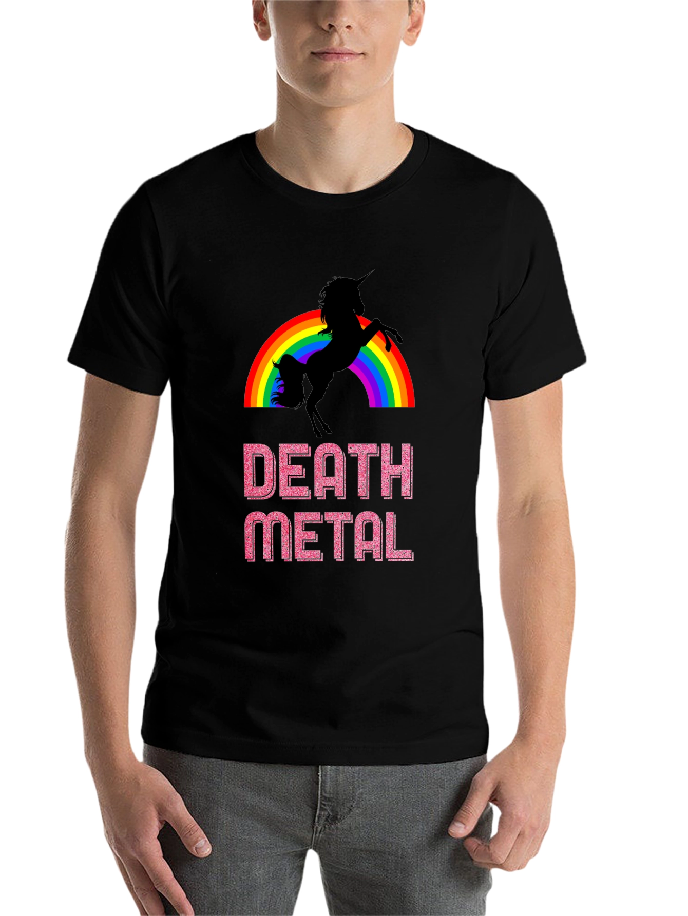 Black Death Metal Unicorn Rainbow Graphic Tee view 7