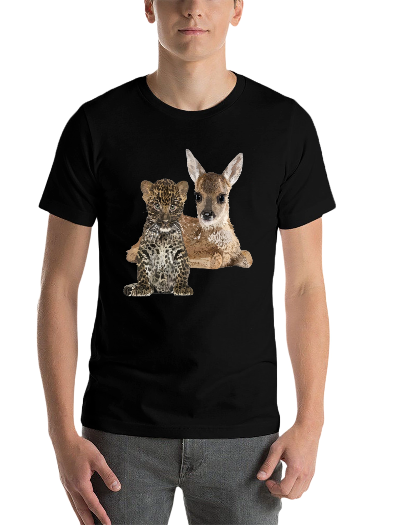 Black Cute Animal Graphic Tee - Deer and Leopard Cub view 7