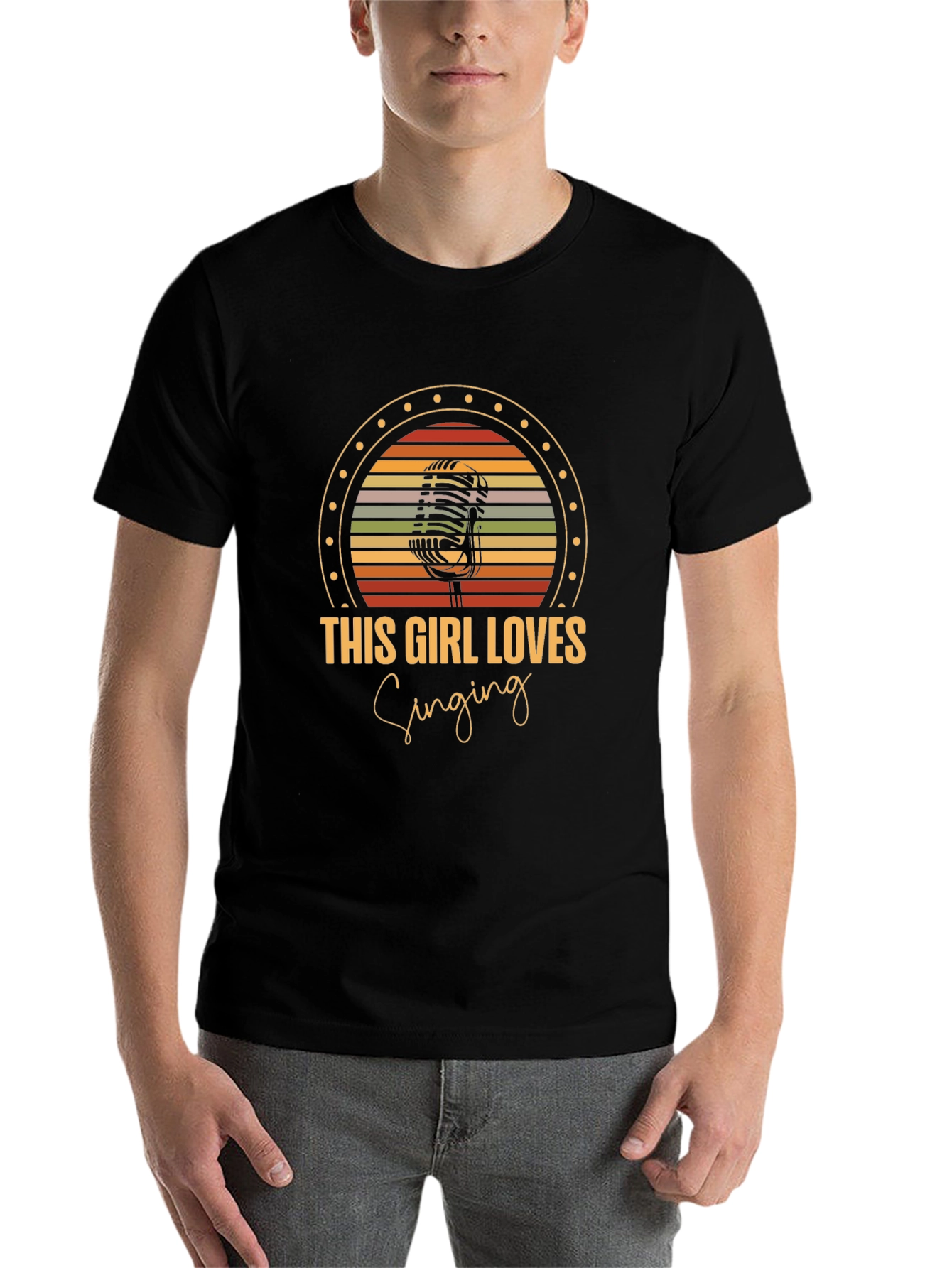 Black This Girl Loves Singing Retro Microphone Graphic T-Shirt view 7