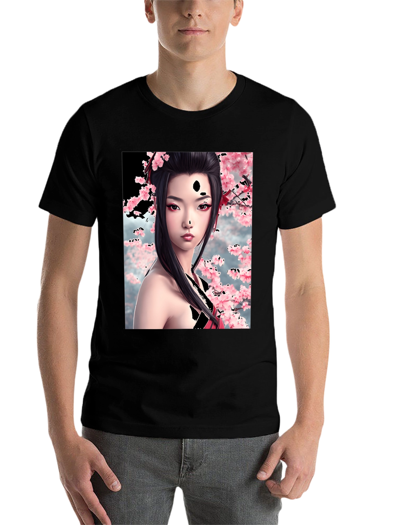 Black Geisha Cherry Blossom Graphic T-Shirt view 7