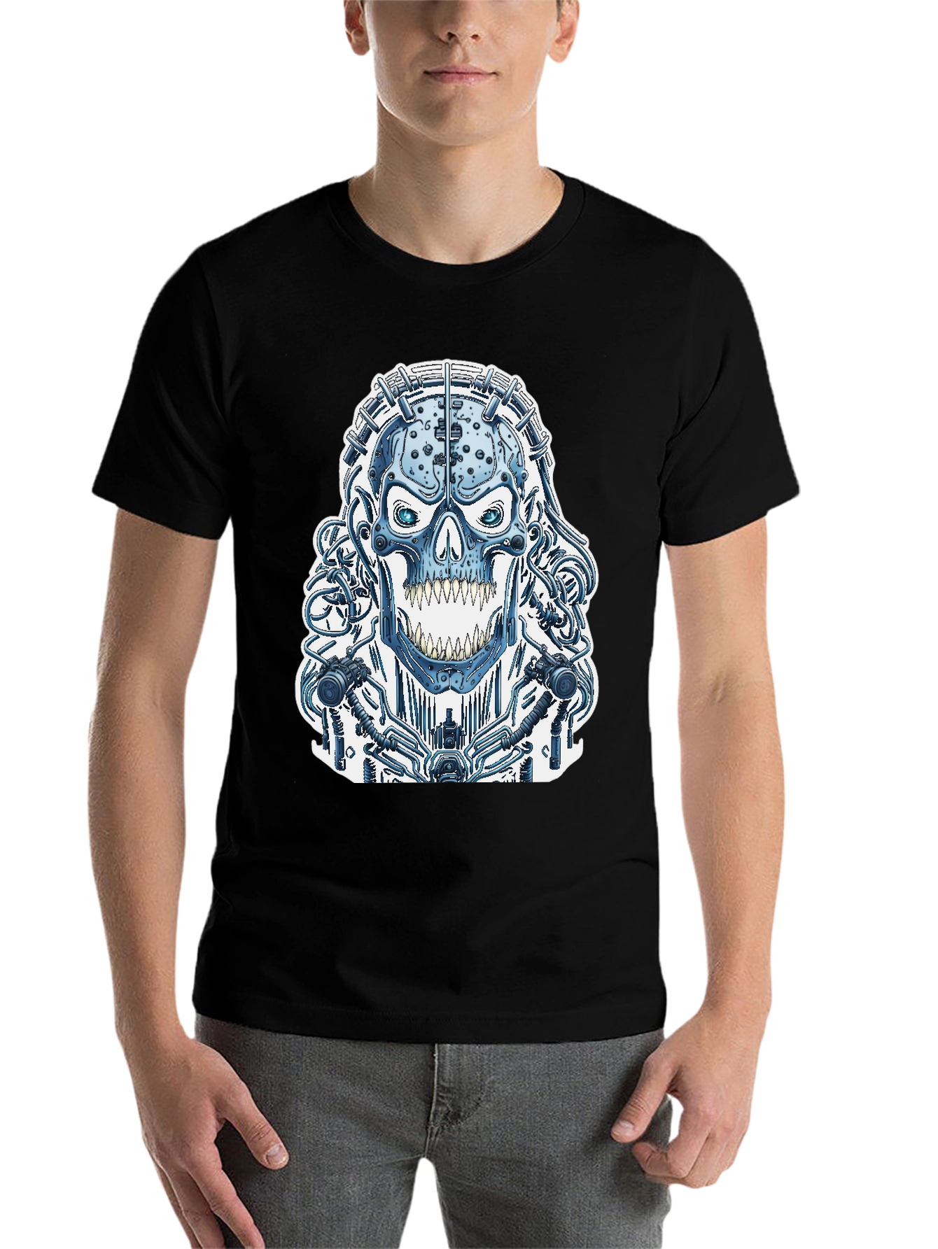 Black Cyberpunk Skull Graphic Tee - Black Cotton T-Shirt view 7