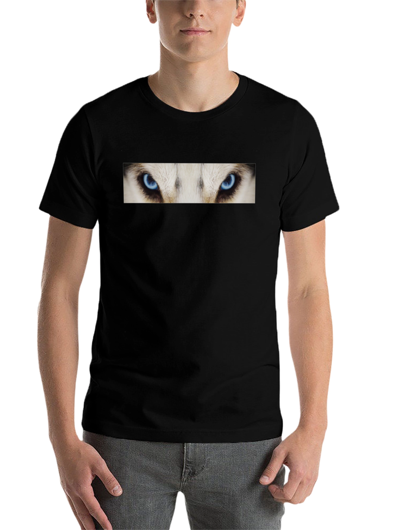 Black Black T-Shirt with Striking Wolf Eyes Graphic Print view 7