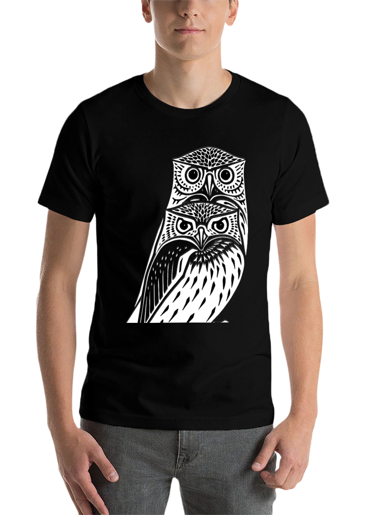 Black Stacked Owl Graphic Tee - Black Cotton Blend view 7