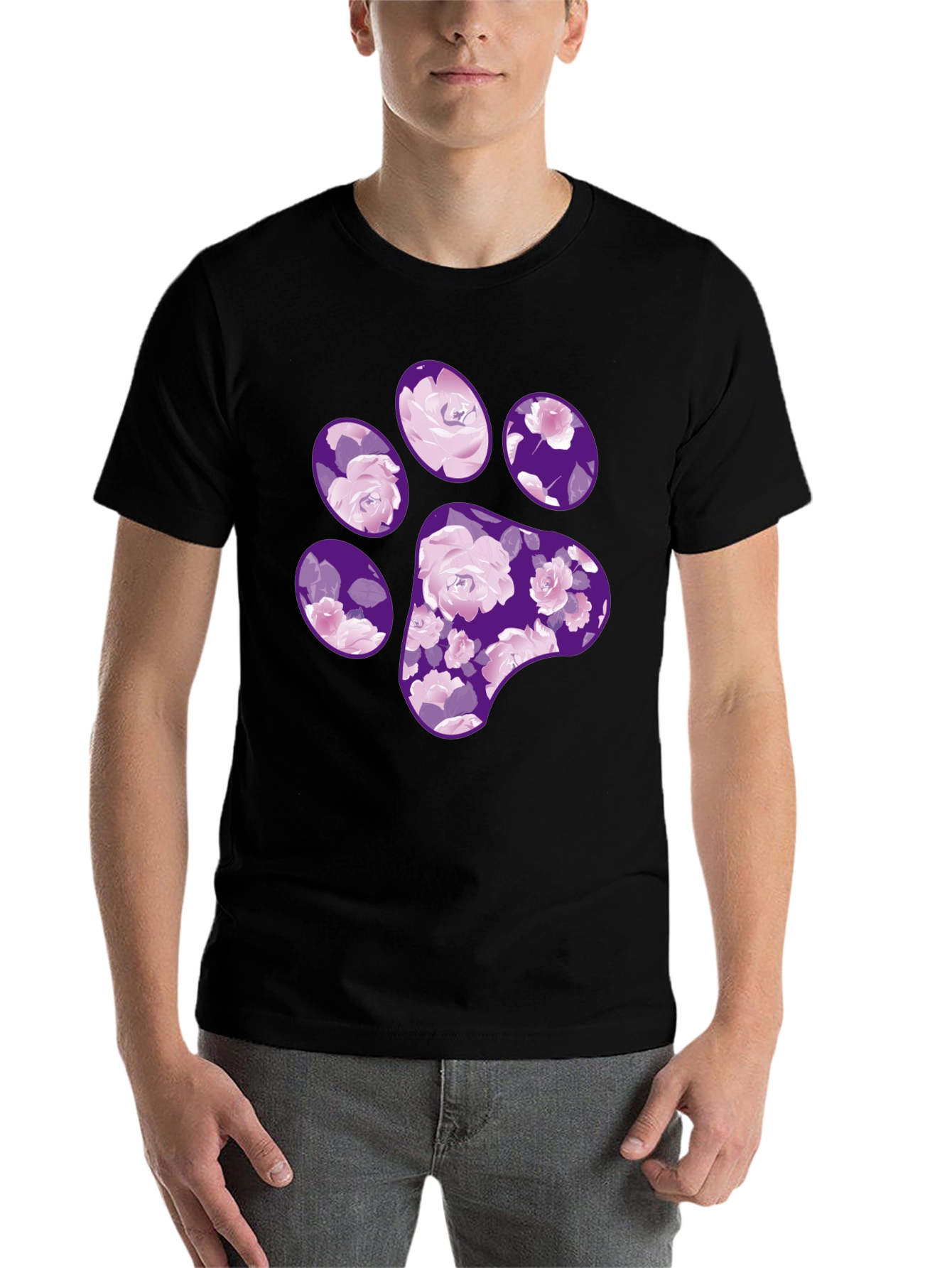 Black Floral Paw Print T-Shirt - Black Casual Tee view 7