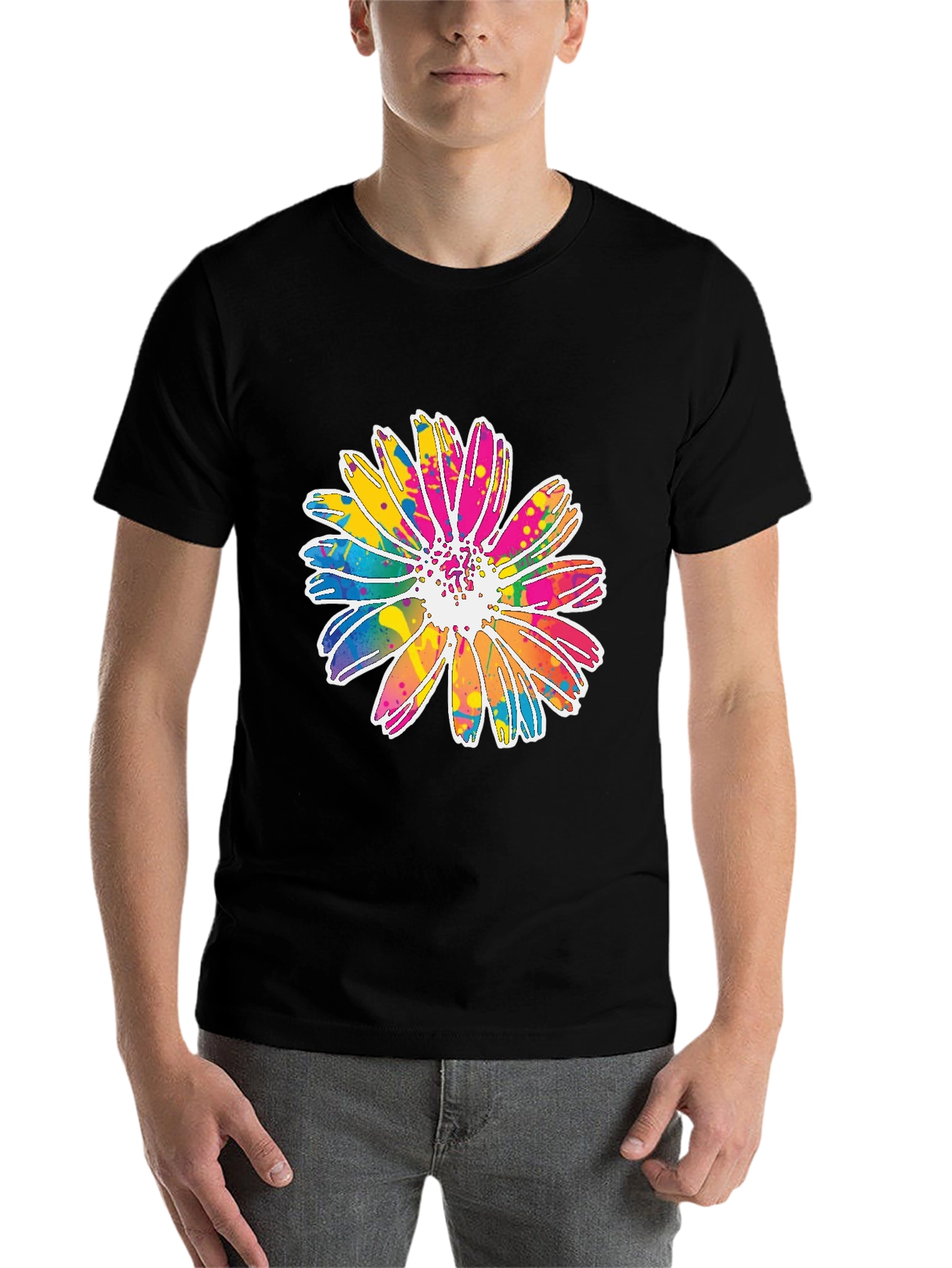 Black Colorful Daisy Graphic Tee - Soft Cotton Blend view 7