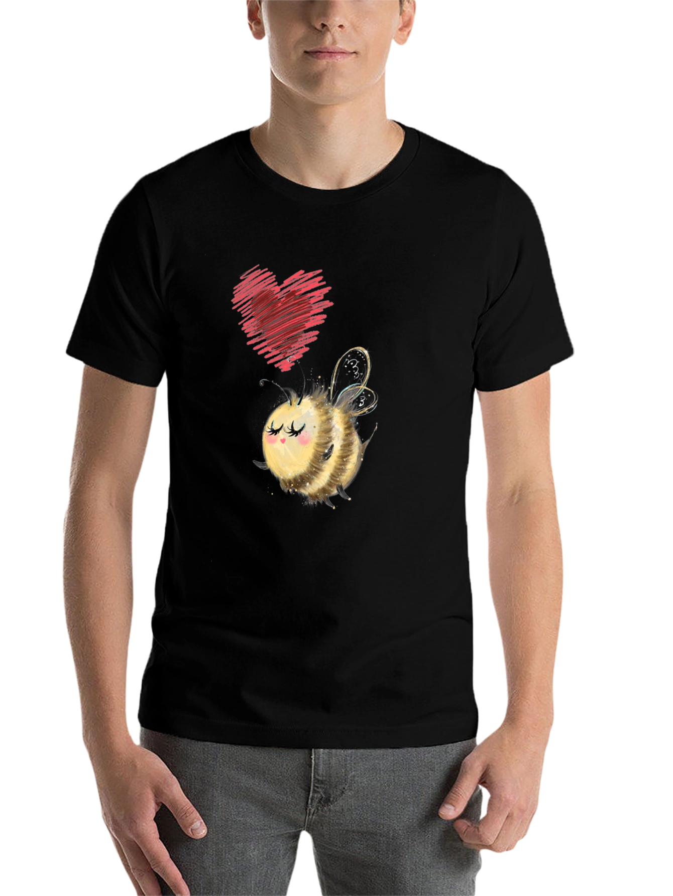 Black Cute Bee & Heart Graphic Black T-Shirt view 7