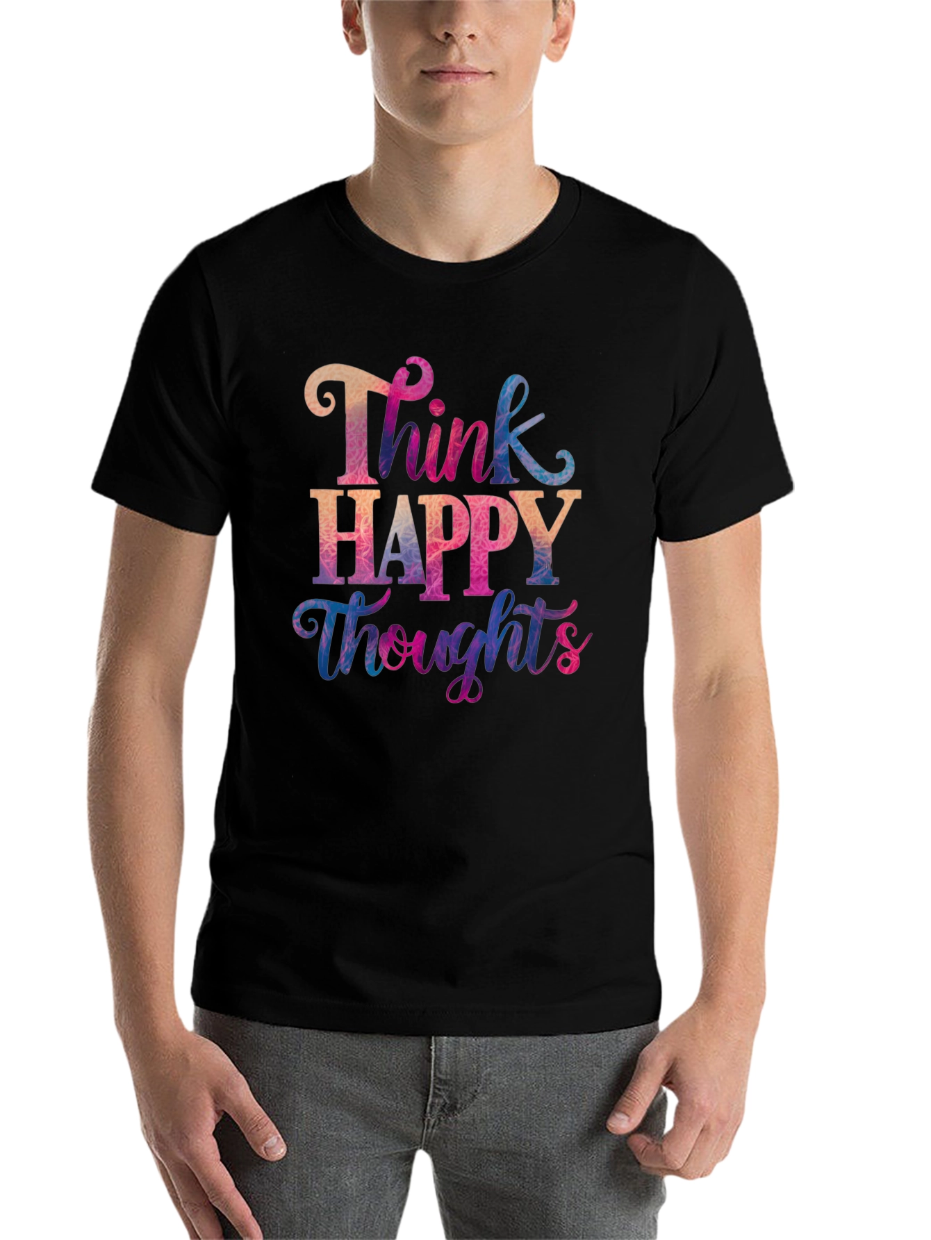 Black Think Happy Thoughts T-Shirt - Motivational Tee view 7
