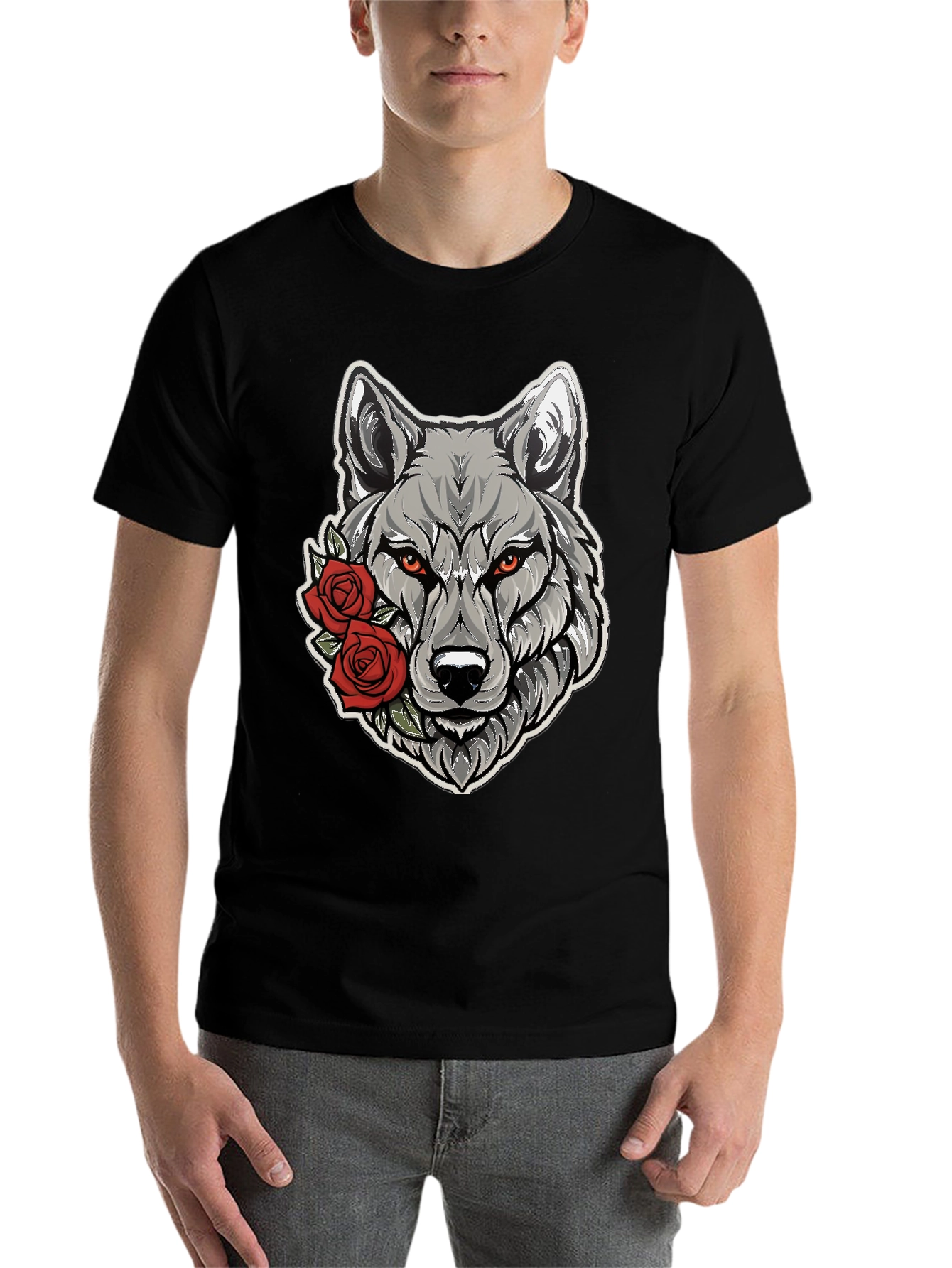 Black Wolf & Roses Graphic Tee - Men's Black T-Shirt view 7
