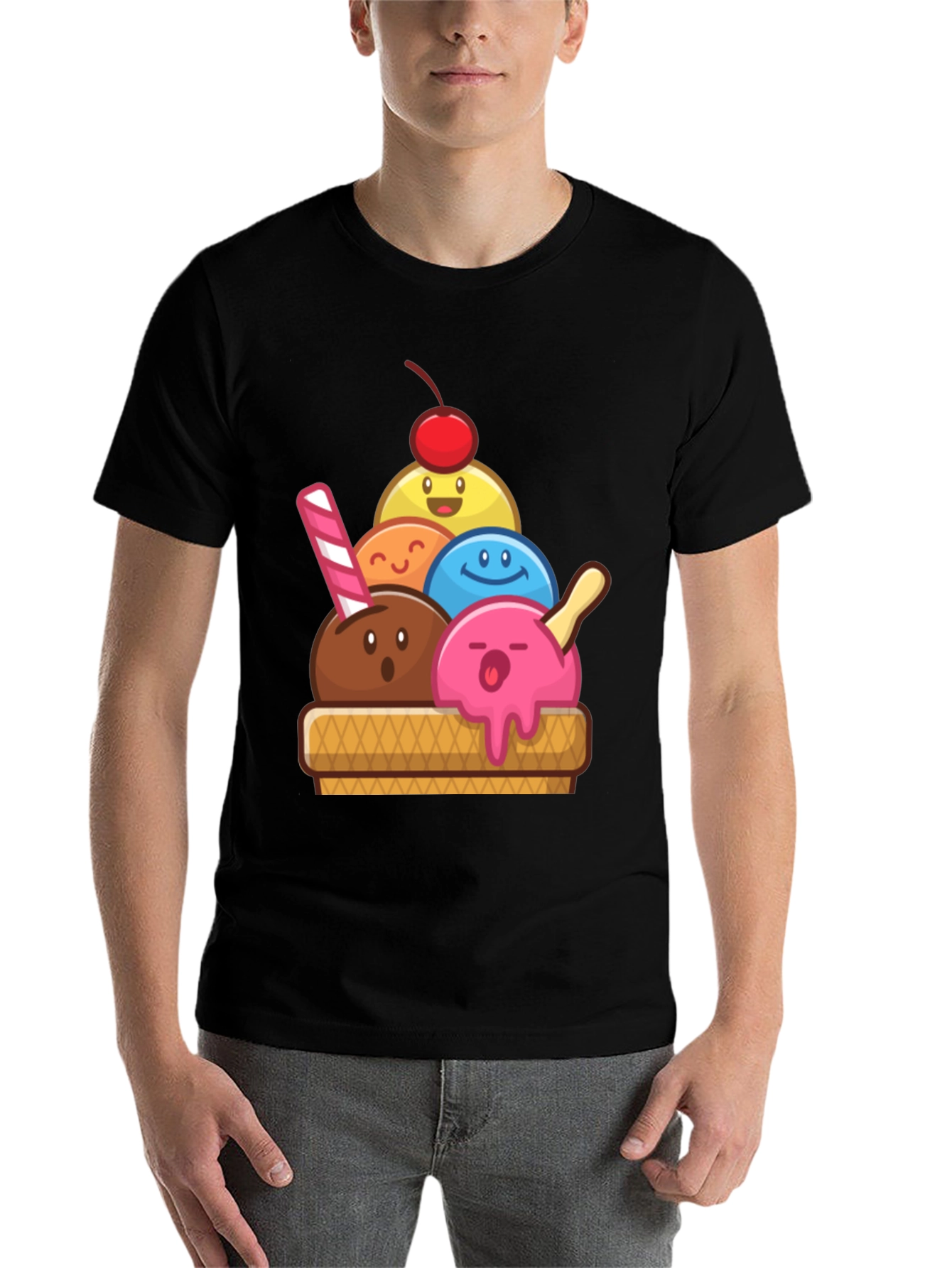Black Cute Ice Cream Cartoon Graphic Tee view 7