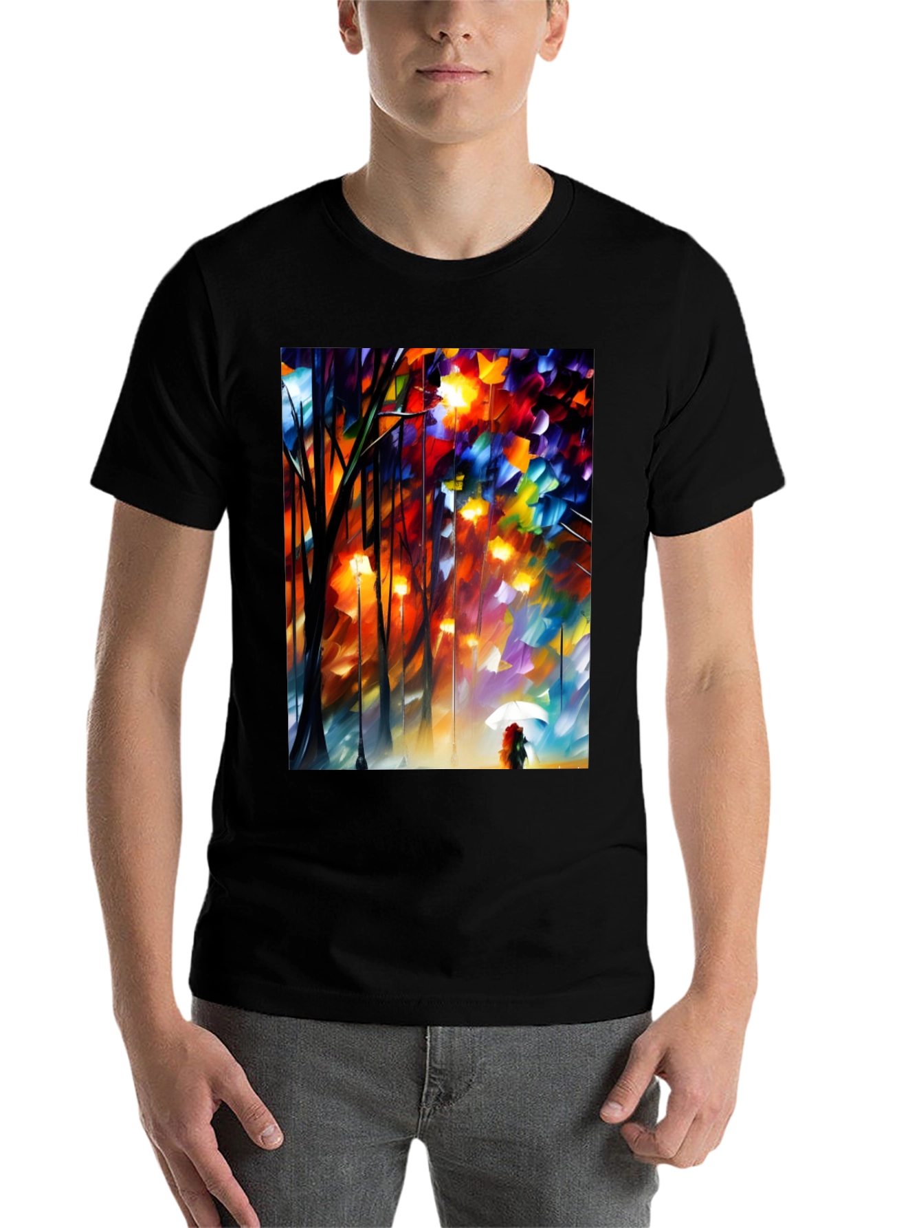 Black Artistic Autumn Rain T-Shirt - Expressive Palette Knife Design view 7