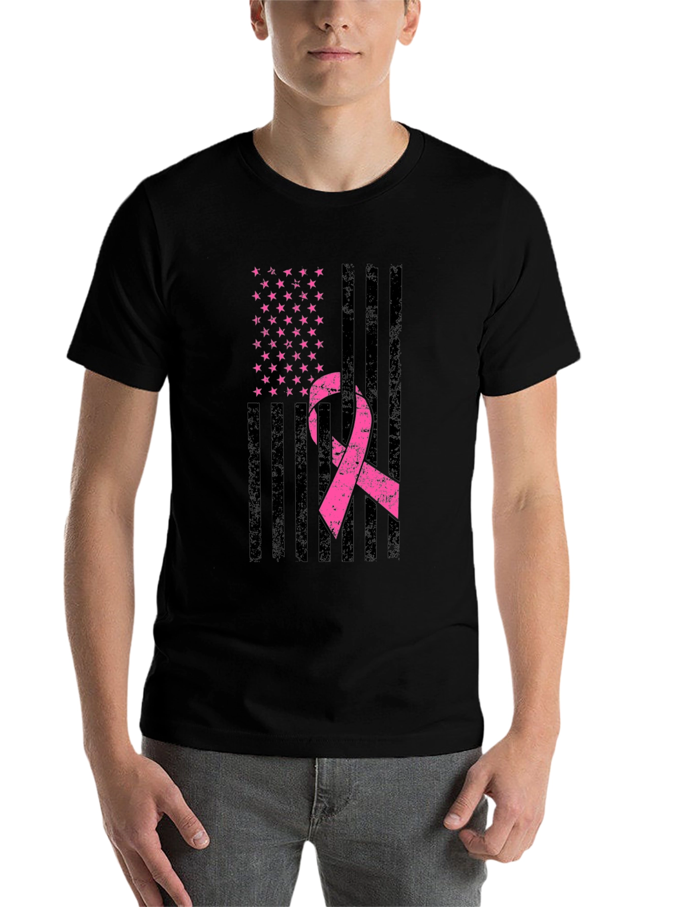 Black Breast Cancer Awareness American Flag T-Shirt view 7