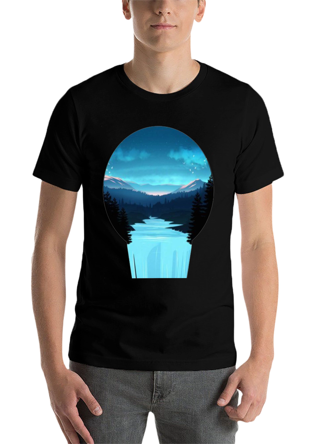 Black Nature Vista Black Tee - Artistic Mountain Waterfall Design view 7