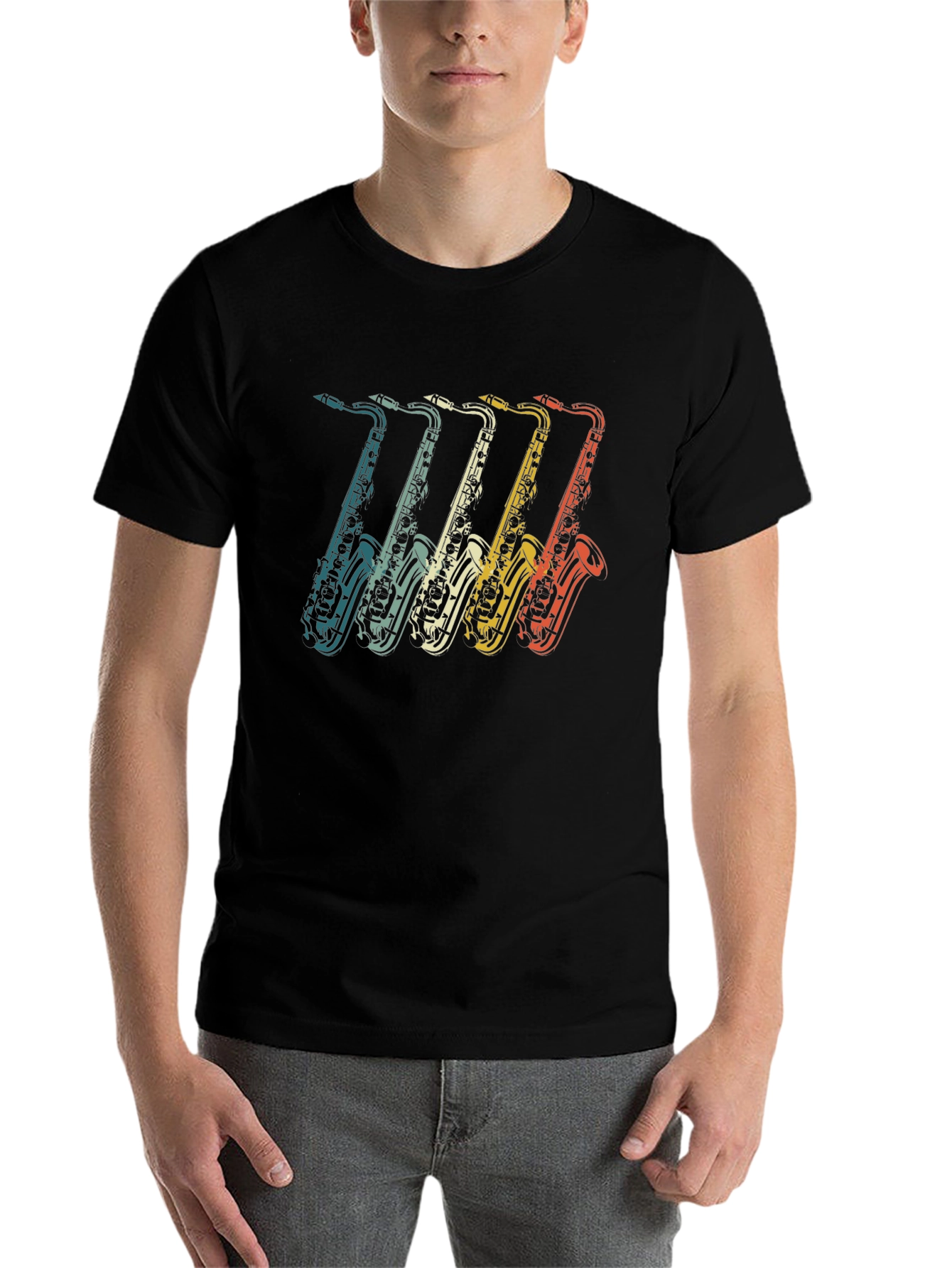 Black Retro Saxophone Graphic Tee - Vintage Music T-Shirt view 7