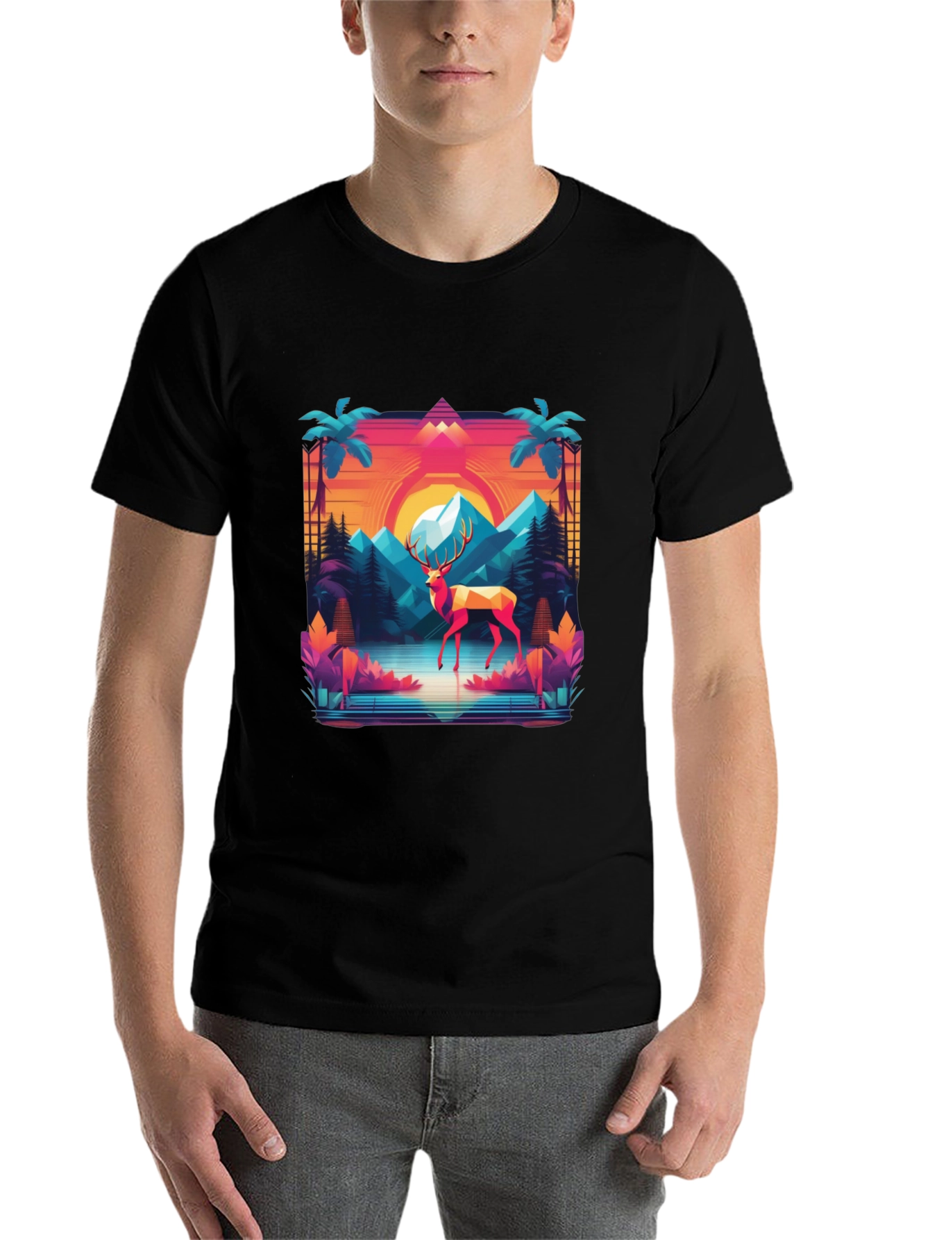 Black Retro Deer Graphic Tee - Synthwave Style view 7