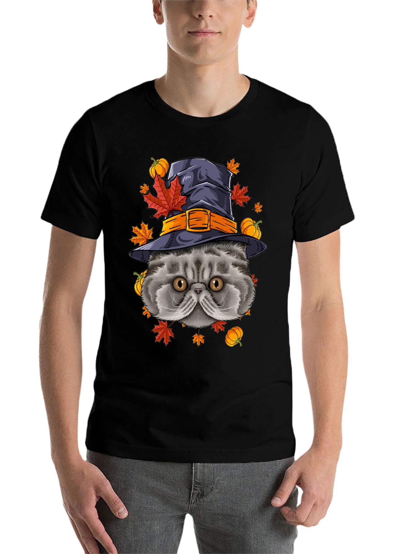 Black Halloween Cat T-Shirt with Witch Hat & Pumpkins view 7