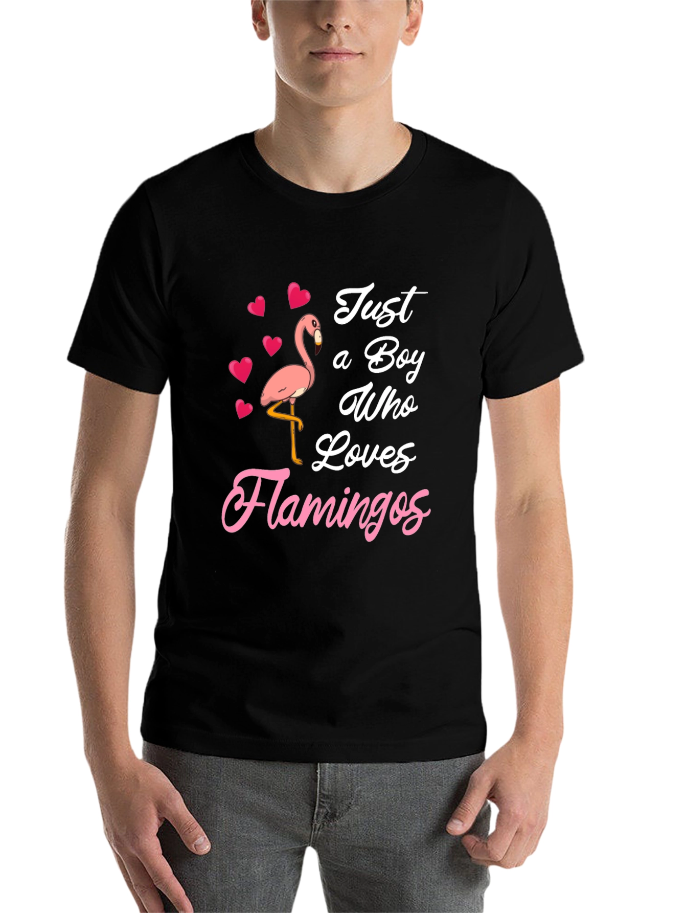 Black Just A Boy Who Loves Flamingos T-Shirt view 7