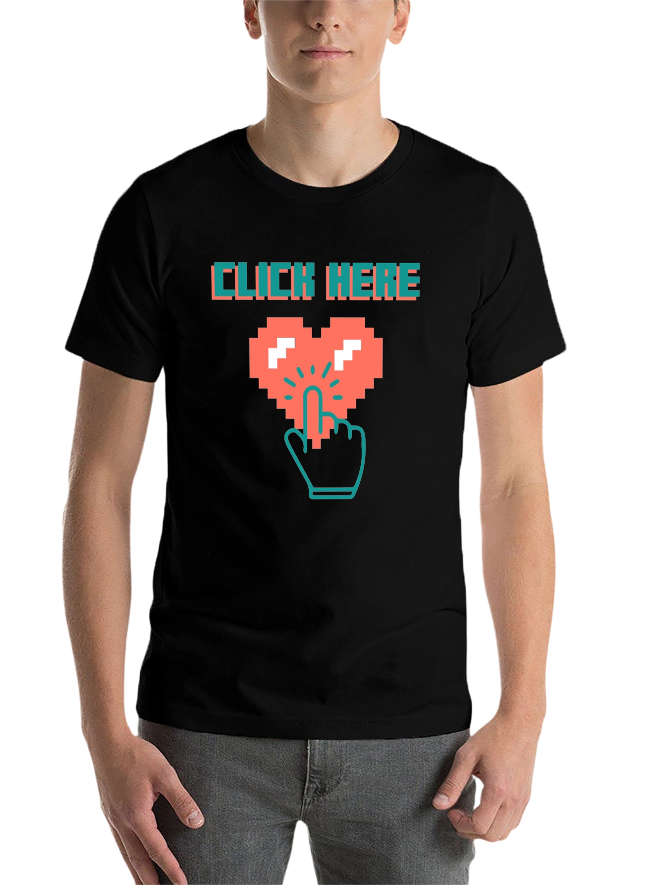 Black Click Here Pixel Heart Black T-Shirt view 7