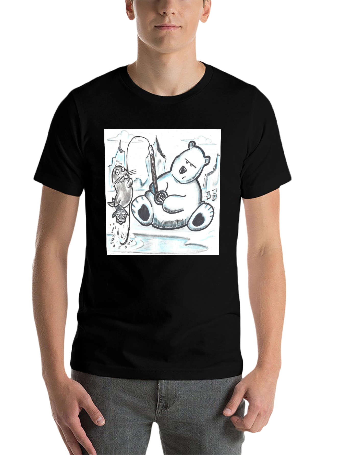 Black Cartoon Graphic Tee: Polar Bear Fishing view 7