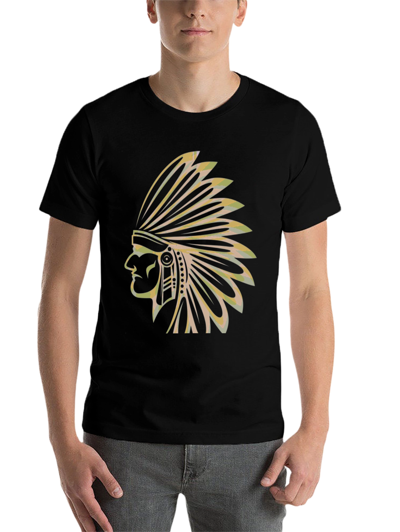 Black Men's Black T-Shirt with Native American Chief Graphic view 7