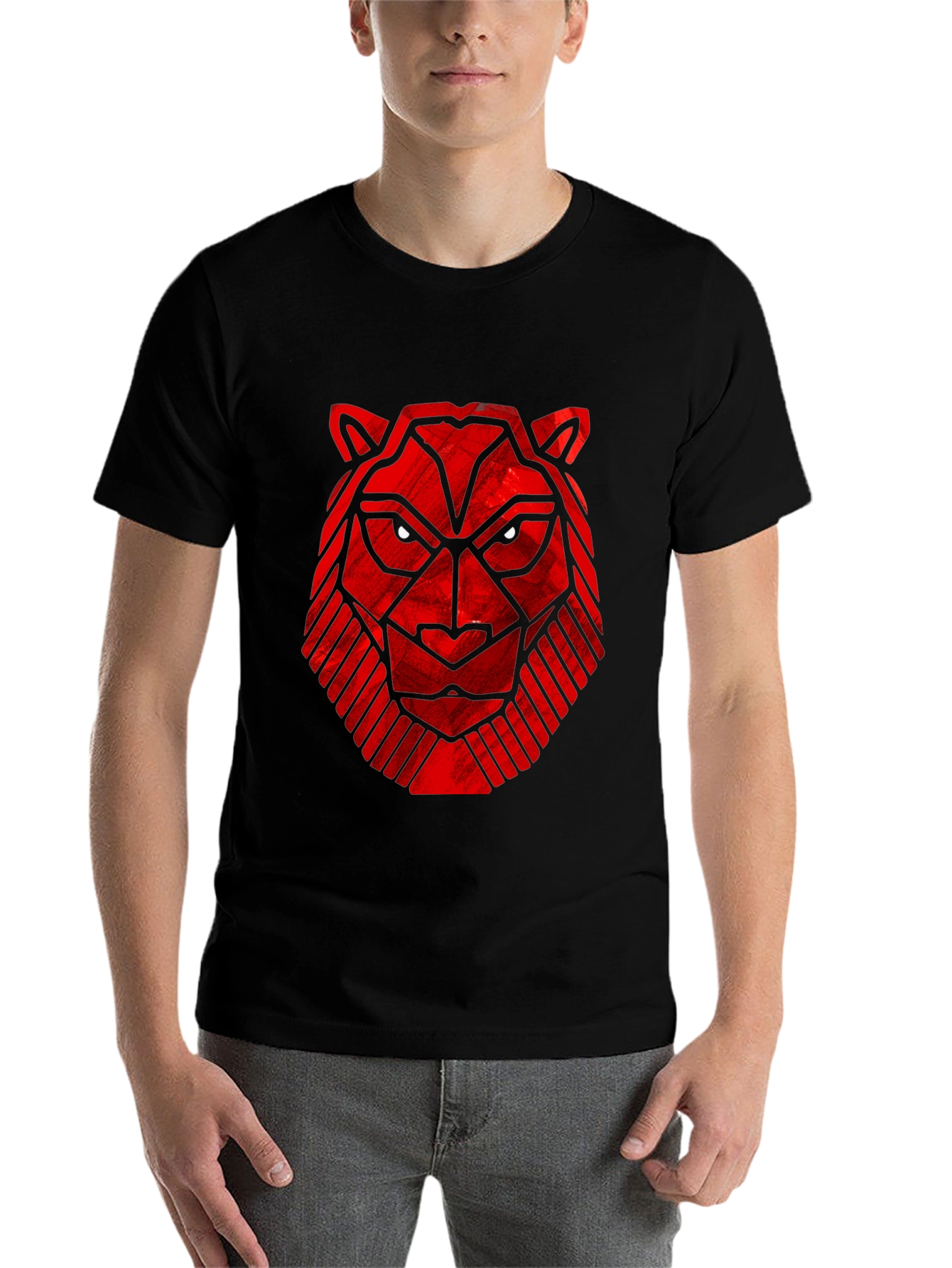 Black Geometric Red Tiger Graphic Black T-Shirt view 7