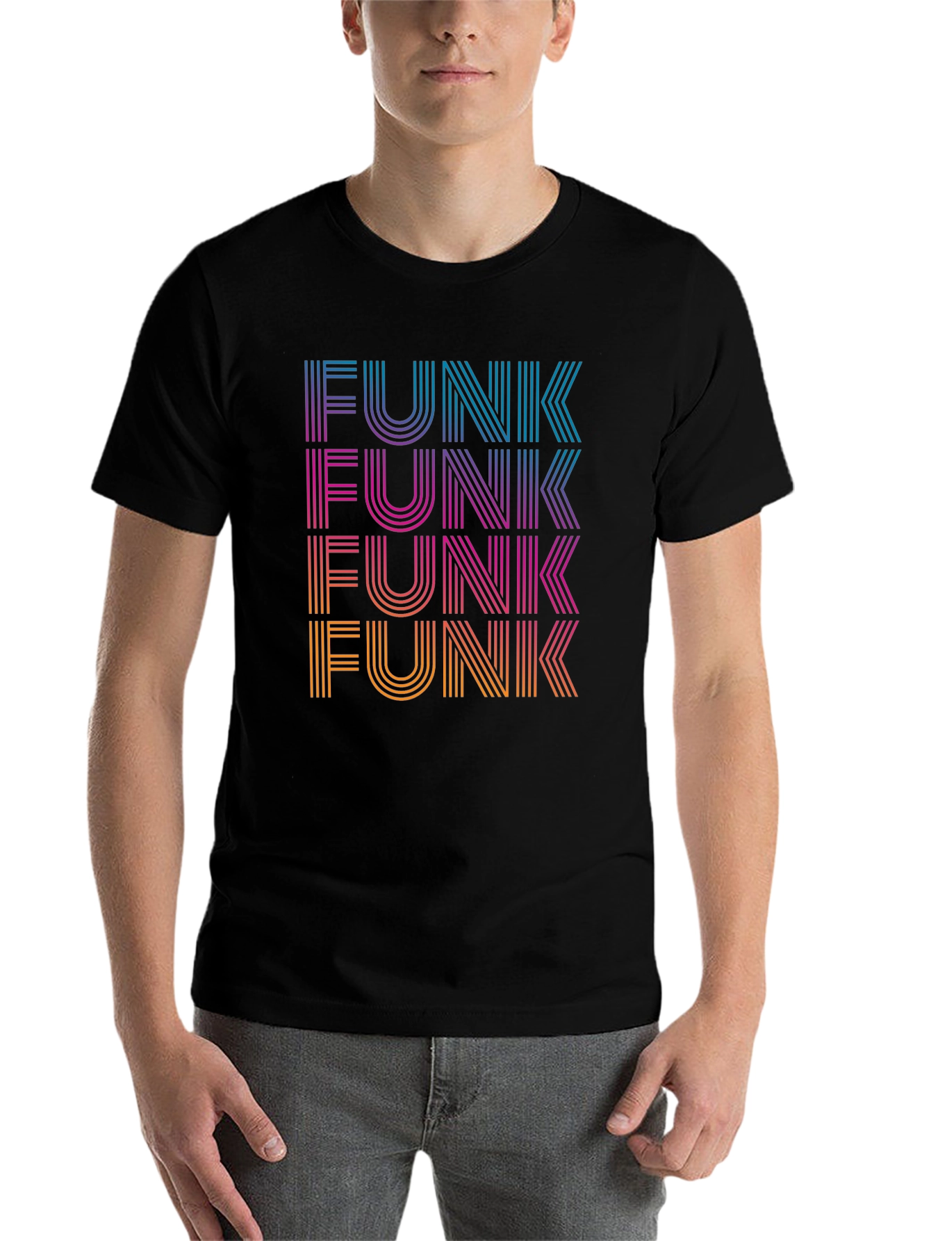 Black Retro Funk T-Shirt - Striped Text Design view 7