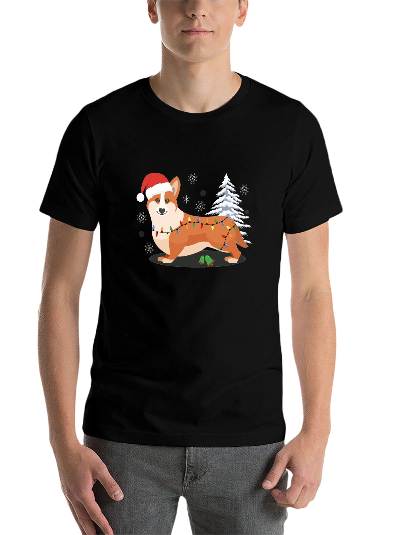 Black Festive Corgi Christmas T-Shirt view 7
