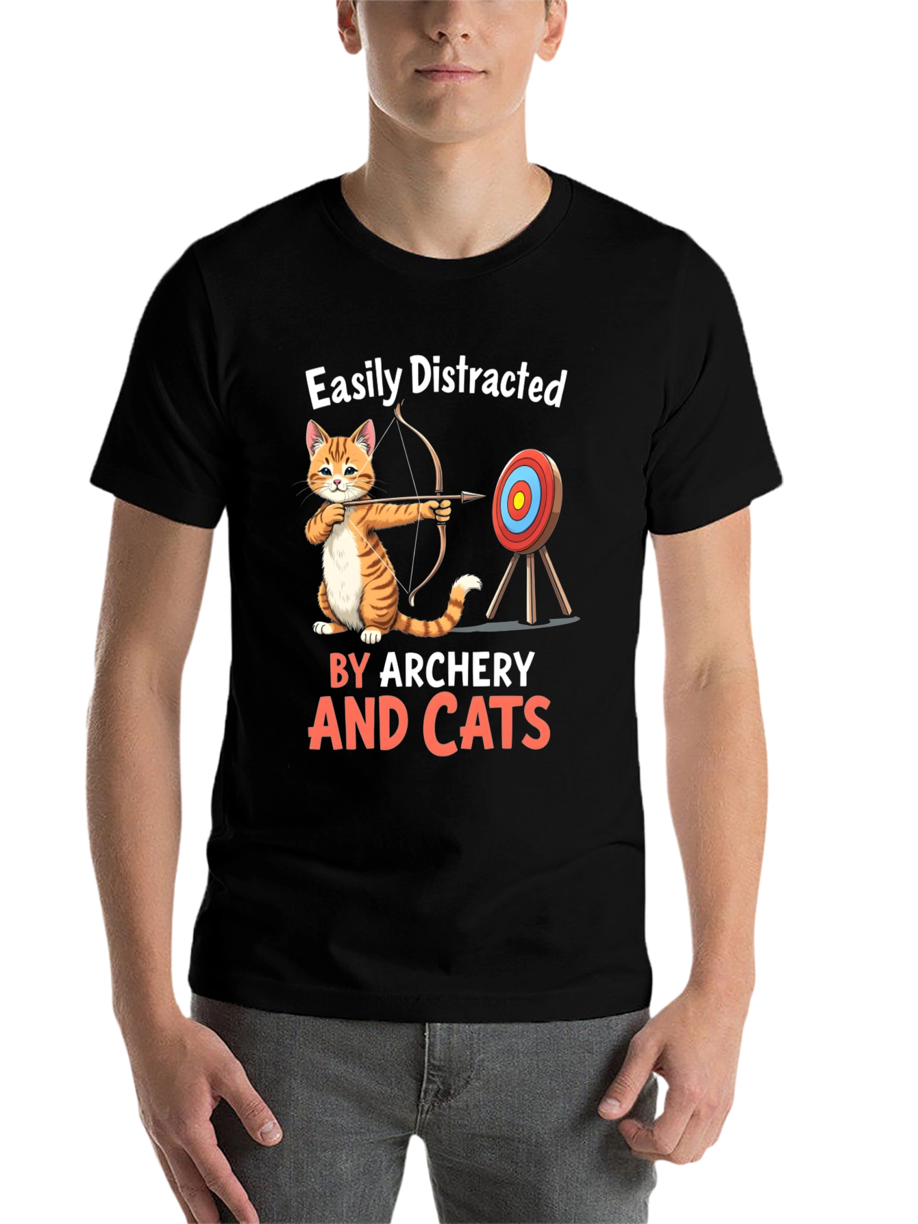 Black Easily Distracted By Archery And Cats T-Shirt view 7