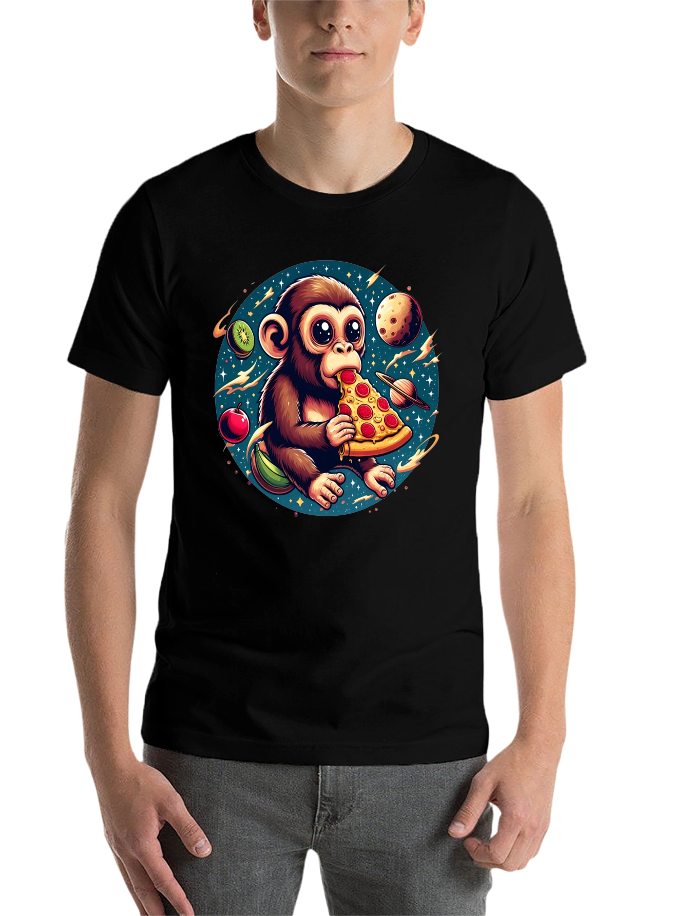 Black Monkey Eating Pizza in Space T-Shirt view 7