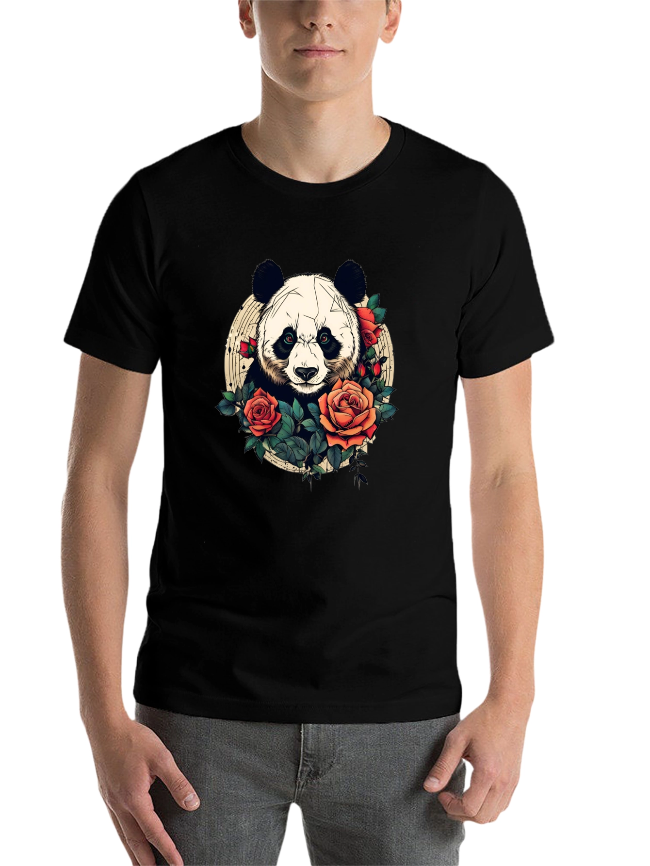 Black Panda Rose Graphic Tee - Black Crew Neck Casual T-Shirt view 7