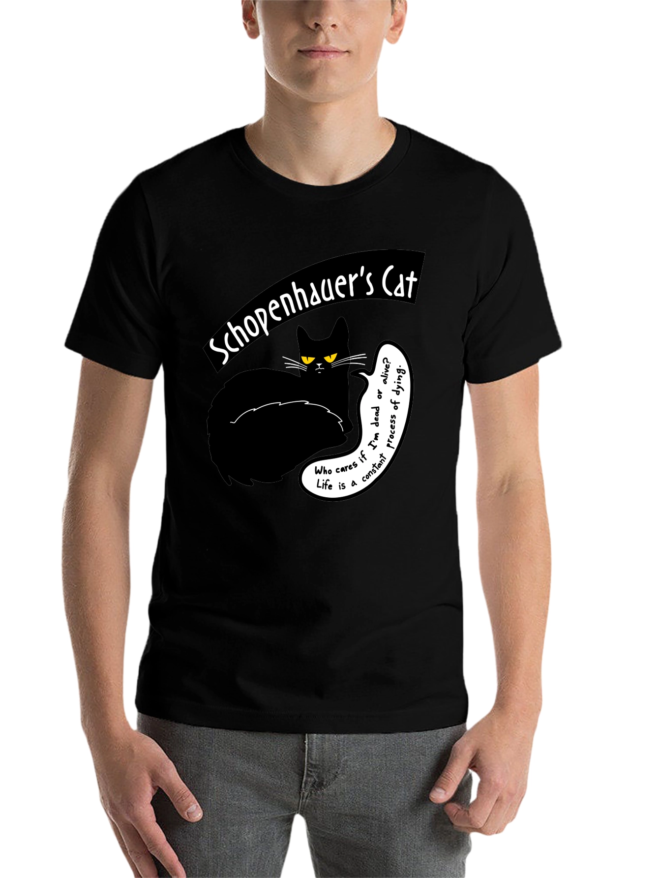 Black Schopenhauer's Cat Graphic Tee - Philosophical Humor T-Shirt view 7